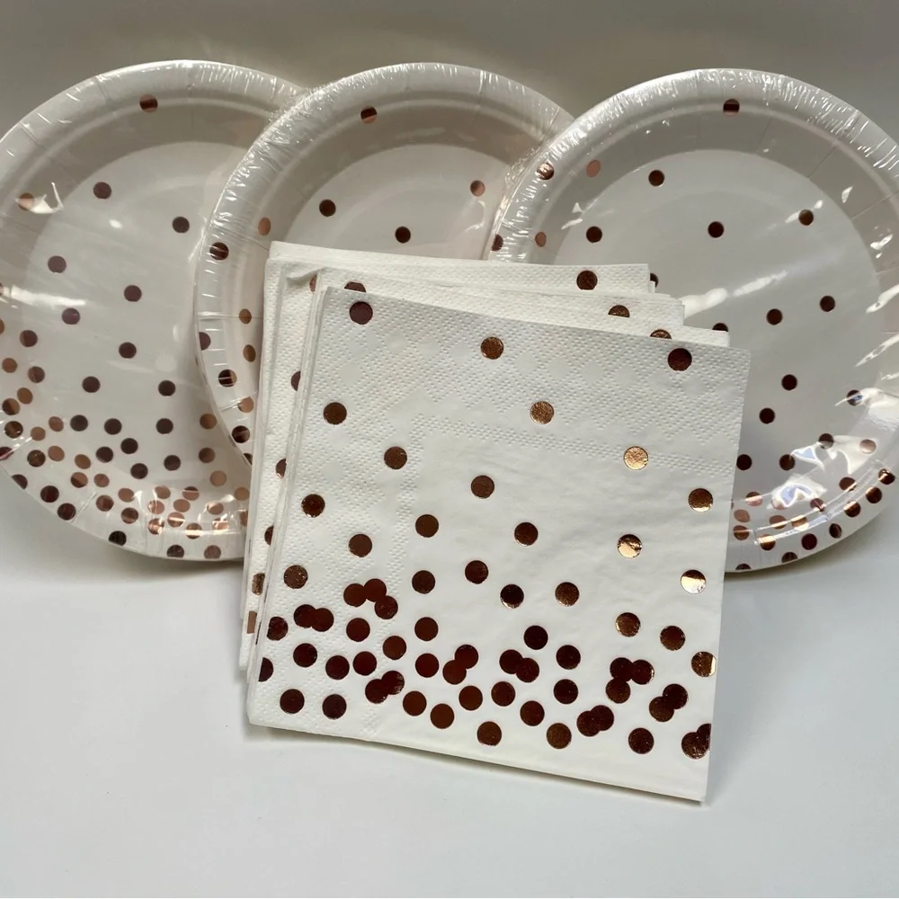 Rose Gold Polka Dot Paper Plates and Napkins & Hooray Cake Topper, 75  7” plates
